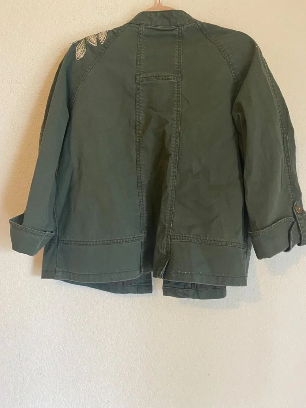 Military Olive Green Floral Embroidered Utility Jacket Susan Bristol Boho